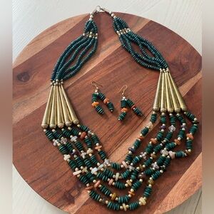 Women’s Vintage Green and Gold Toned Beaded Goddess Necklace and Earring Set